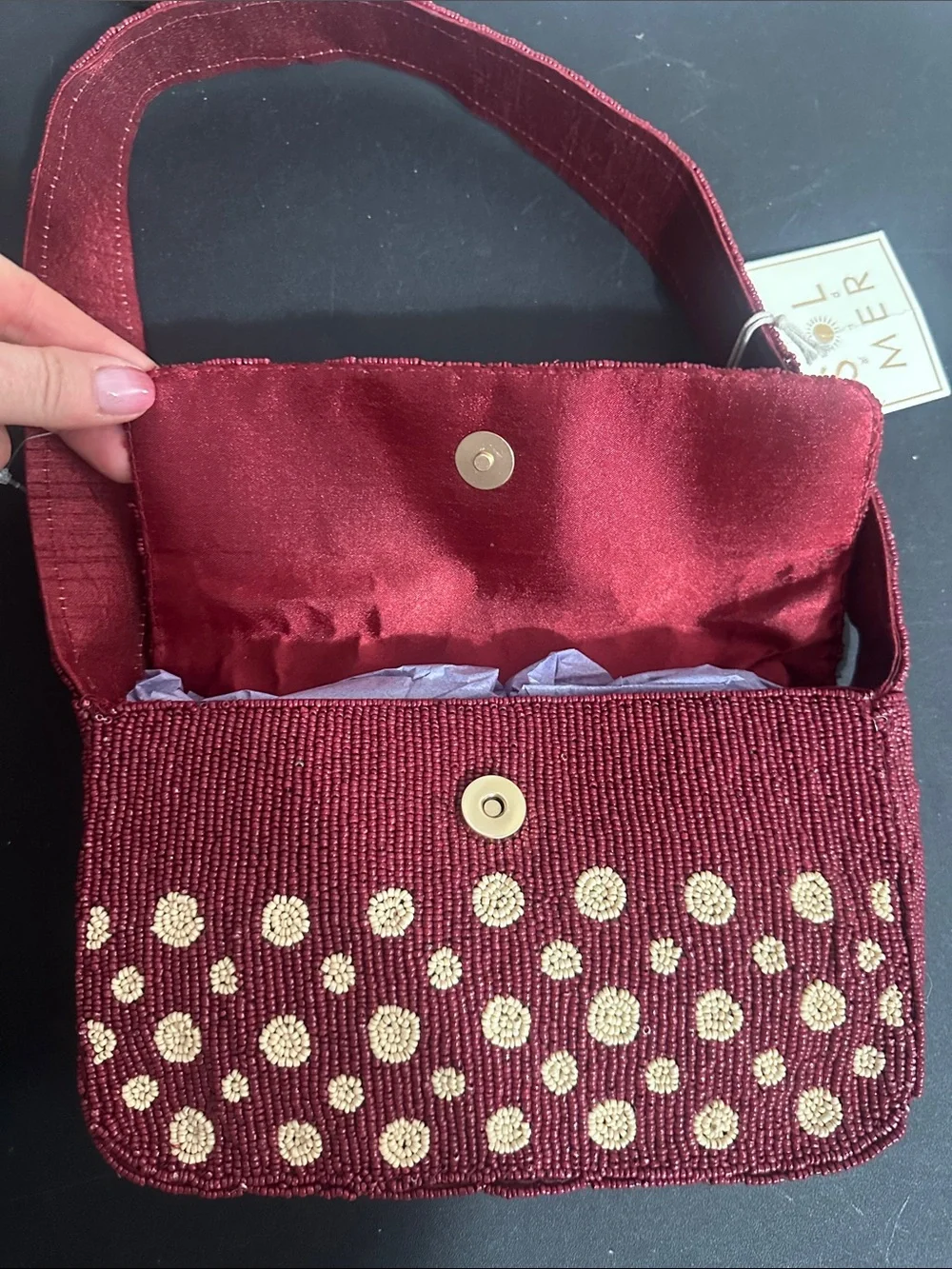 Sol and Mer wine colored cream polka dots beaded shoulder bag